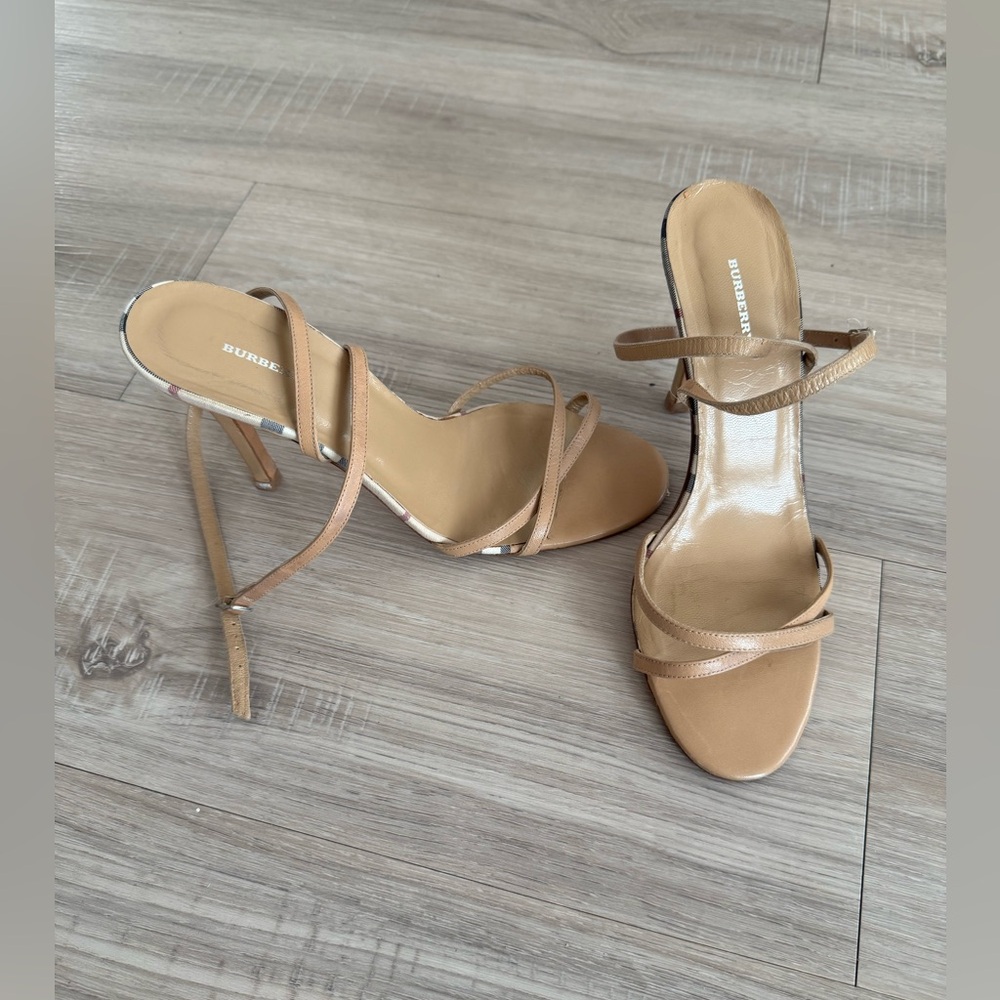 Burberry Beige Strappy Heels with Plaid